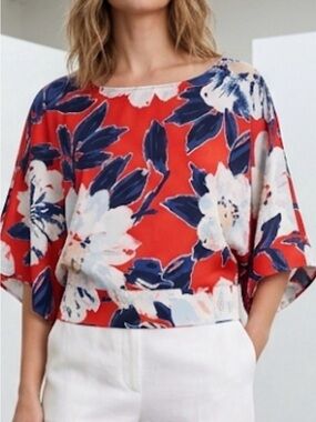 100% silk Floral Red and Blue kimono blouse.